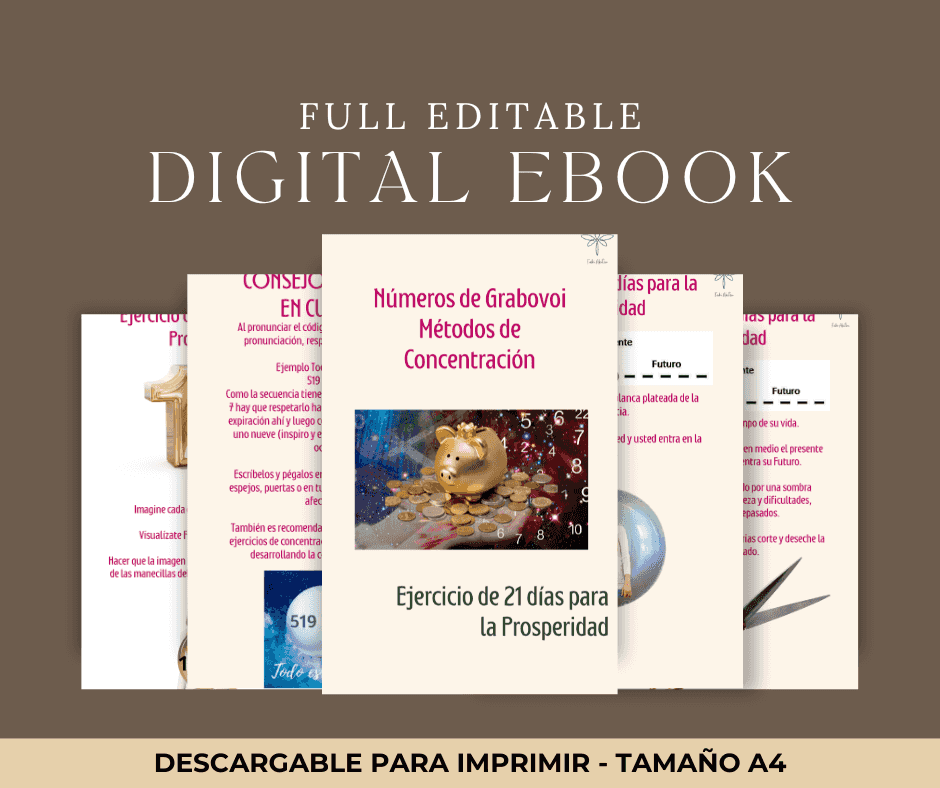 Portada del ebook '21 Días de Prosperidad Método de Concentración Grabovoi' con páginas interiores mostrando ejercicios y secuencias numéricas. Ideal para terapias holísticas y numerología.