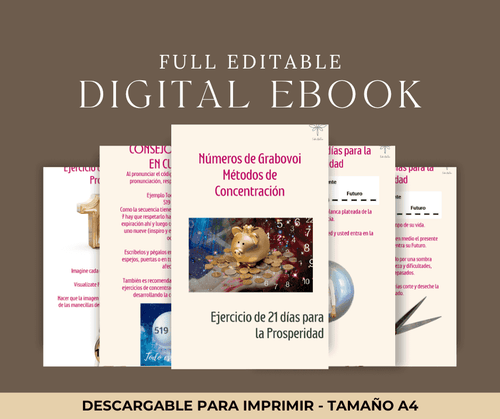 Portada del ebook '21 Días de Prosperidad Método de Concentración Grabovoi' con páginas interiores mostrando ejercicios y secuencias numéricas. Ideal para terapias holísticas y numerología.