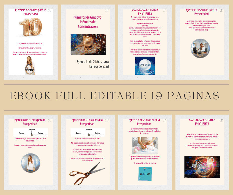 Vista general de las 19 páginas del ebook '21 Días de Prosperidad Método de Concentración Grabovoi', con contenido editable y técnicas de enfoque cuántico. Formato A4 descargable.