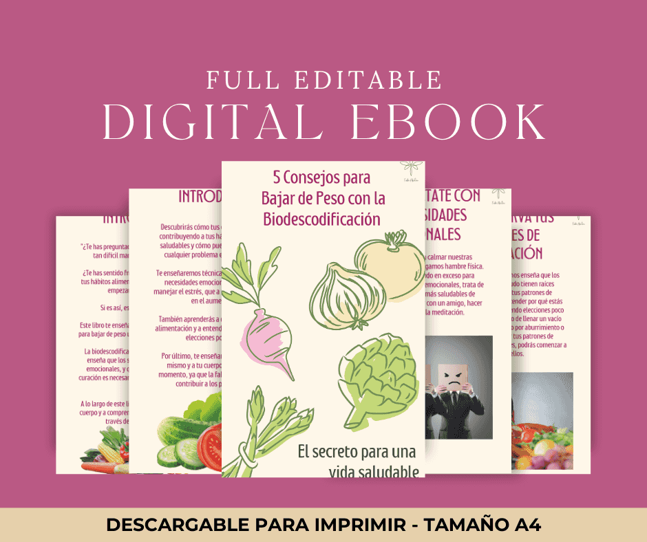Portada del ebook 'BAP BAJA de PESO SIN DIETAS!! con la Biodescodificación' con ilustraciones de vegetales y fondo rosa, ideal para terapias holísticas y desarrollo personal.