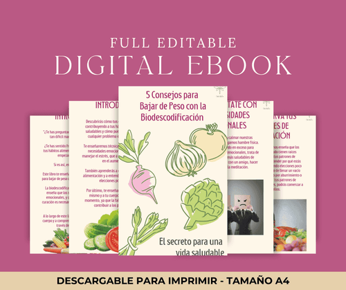 Portada del ebook 'BAP BAJA de PESO SIN DIETAS!! con la Biodescodificación' con ilustraciones de vegetales y fondo rosa, ideal para terapias holísticas y desarrollo personal.