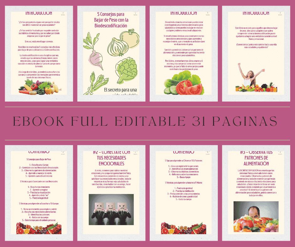 Portada del ebook 'BAP BAJA de PESO SIN DIETAS!! con la Biodescodificación', incluye ilustraciones de vegetales y frutas, ideal para terapias alternativas y desarrollo personal.