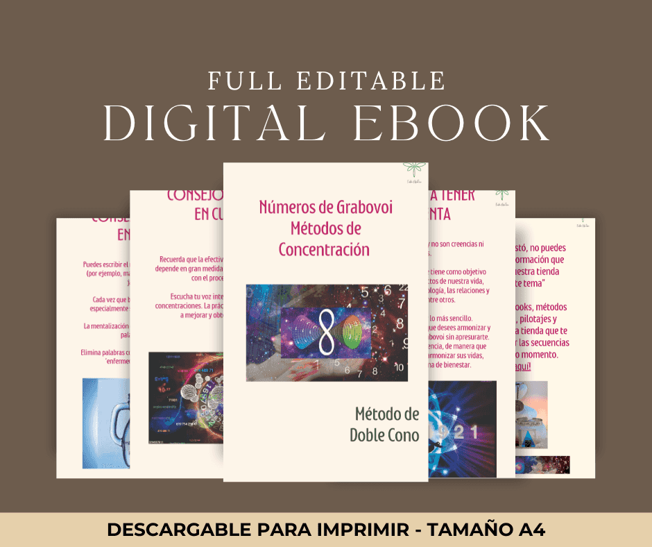 Portada del ebook Método Doble Cono y Concentración Grabovoi con diseño digital editable y secuencias numéricas en formato A4 para imprimir.