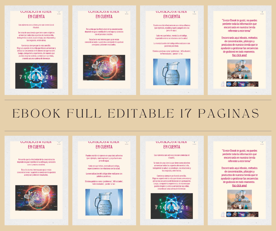 Vista previa de las 17 páginas del ebook Método Doble Cono y Concentración Grabovoi con gráficos de física cuántica y números de Grabovoi.