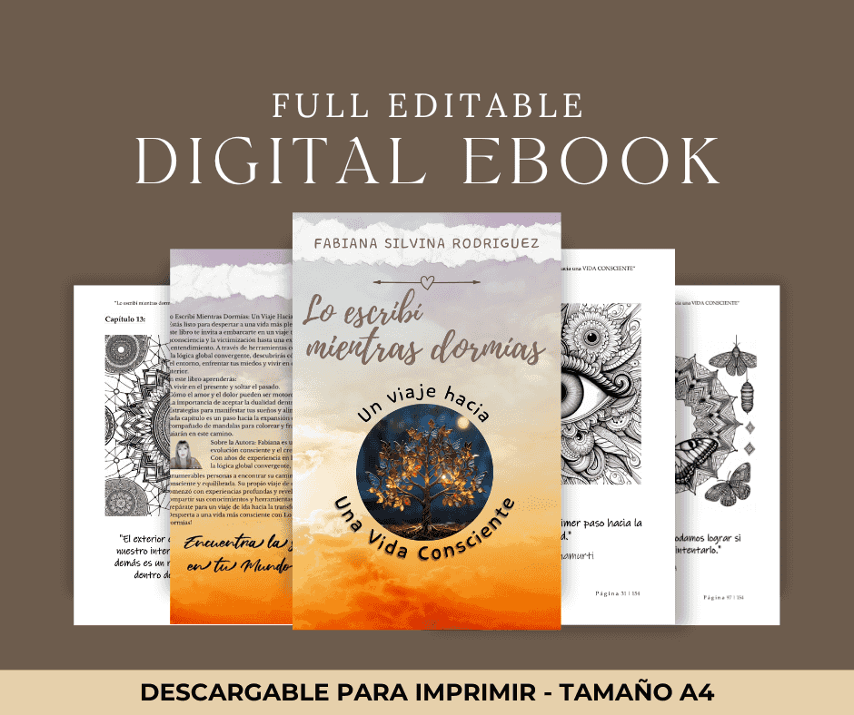 Portada del ebook 'escribí mientras dormías Un Viaje hacia una Vida Consciente' con ilustraciones interiores y formato imprimible A4.