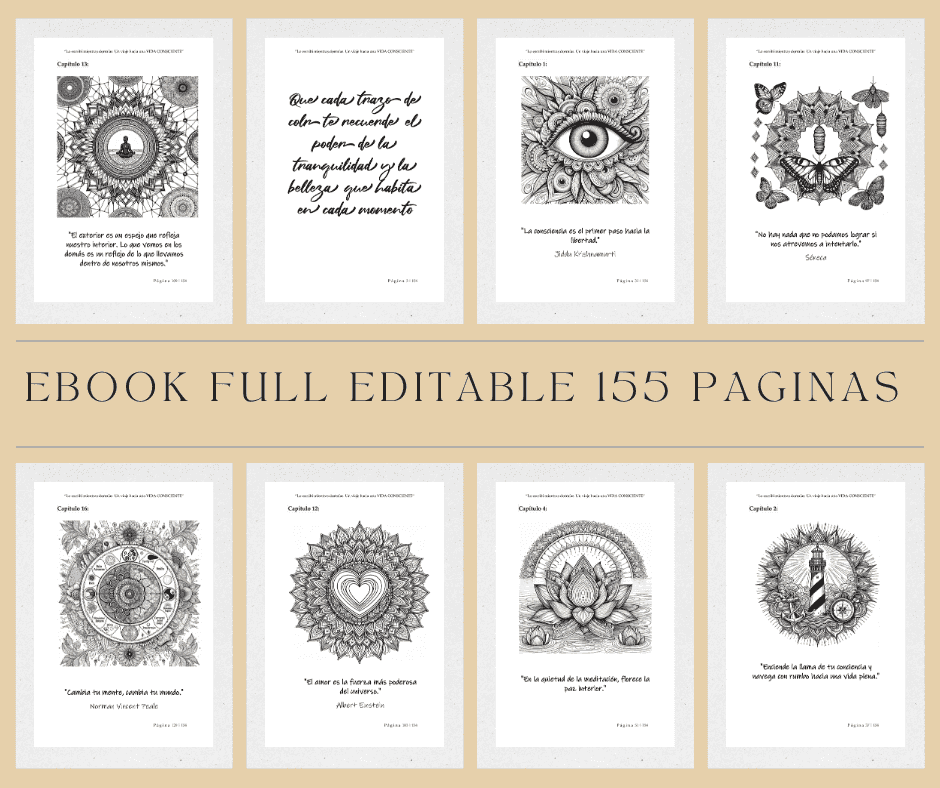 Vista previa de páginas interiores del ebook 'escribí mientras dormías Un Viaje hacia una Vida Consciente' con 155 páginas ilustradas y editables.