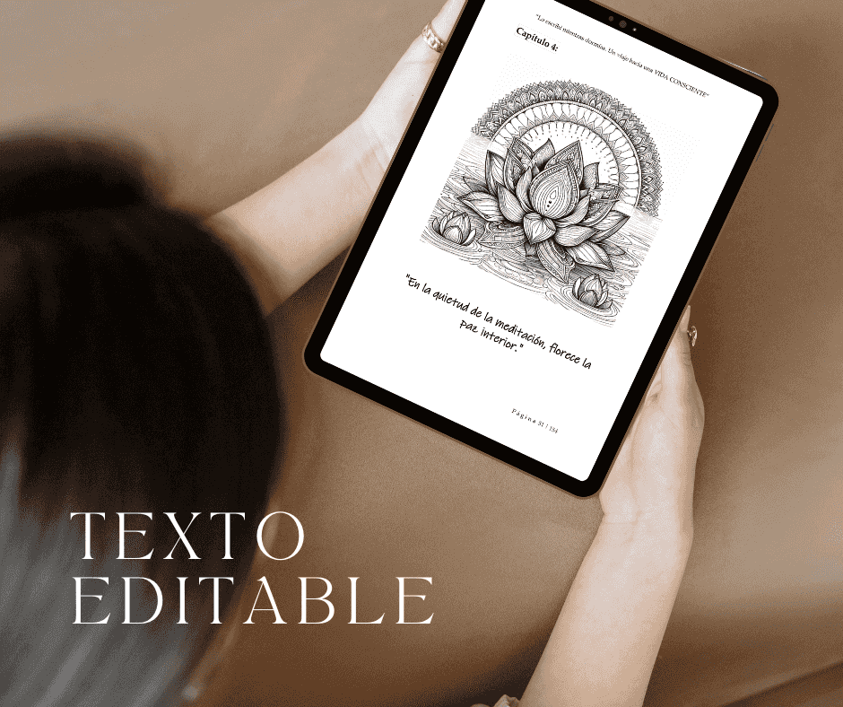 Página del ebook 'escribí mientras dormías Un Viaje hacia una Vida Consciente' en tablet, con ilustración de flor de loto y texto editable.