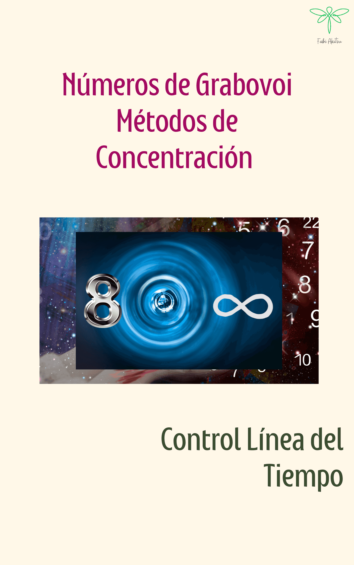 Diseño de portada del ebook 'Grabovoi Control Línea del Tiempo Método de Concentración' con símbolos de infinito y números, enfocado en terapias alternativas.