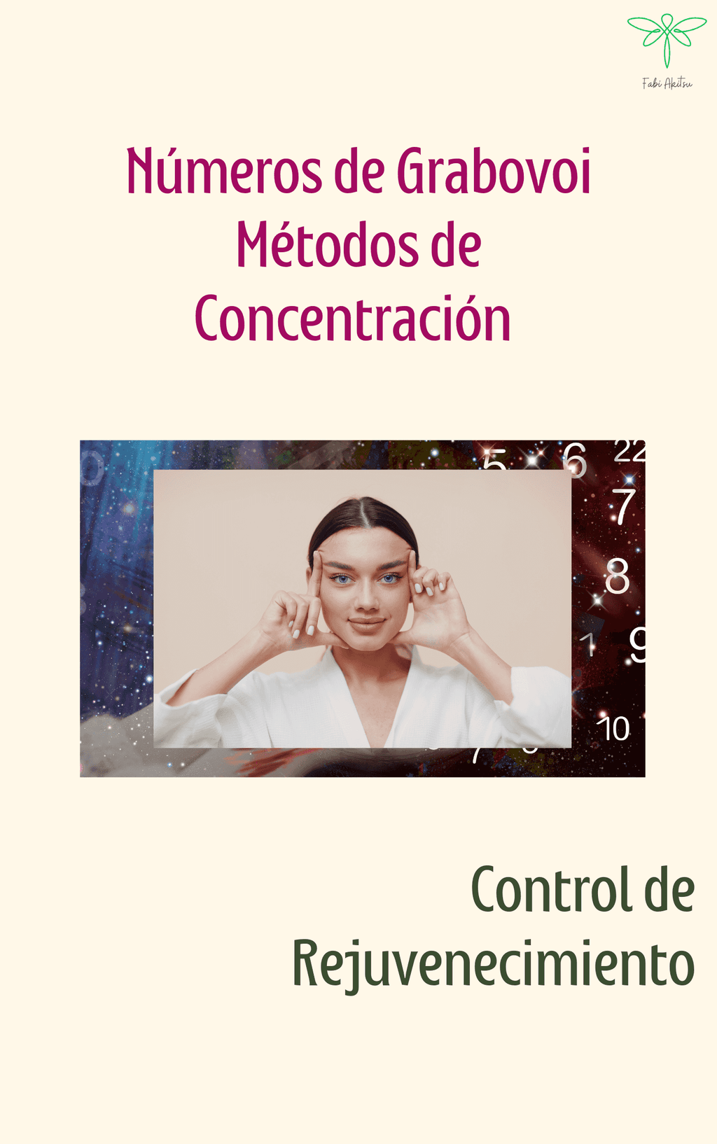 Diseño vertical del ebook Grabovoi - Control Rejuvenecimiento Método de Concentración con imagen de mujer y números, guía de numerología terapéutica en PDF.