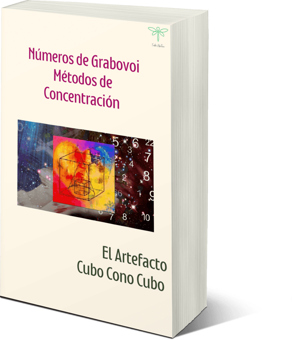 Vista lateral del ebook Grabovoi Artefacto Cubo Cono Cubo Método de Concentración con diseño colorido y números energéticos. Categoría E-Books espirituales.