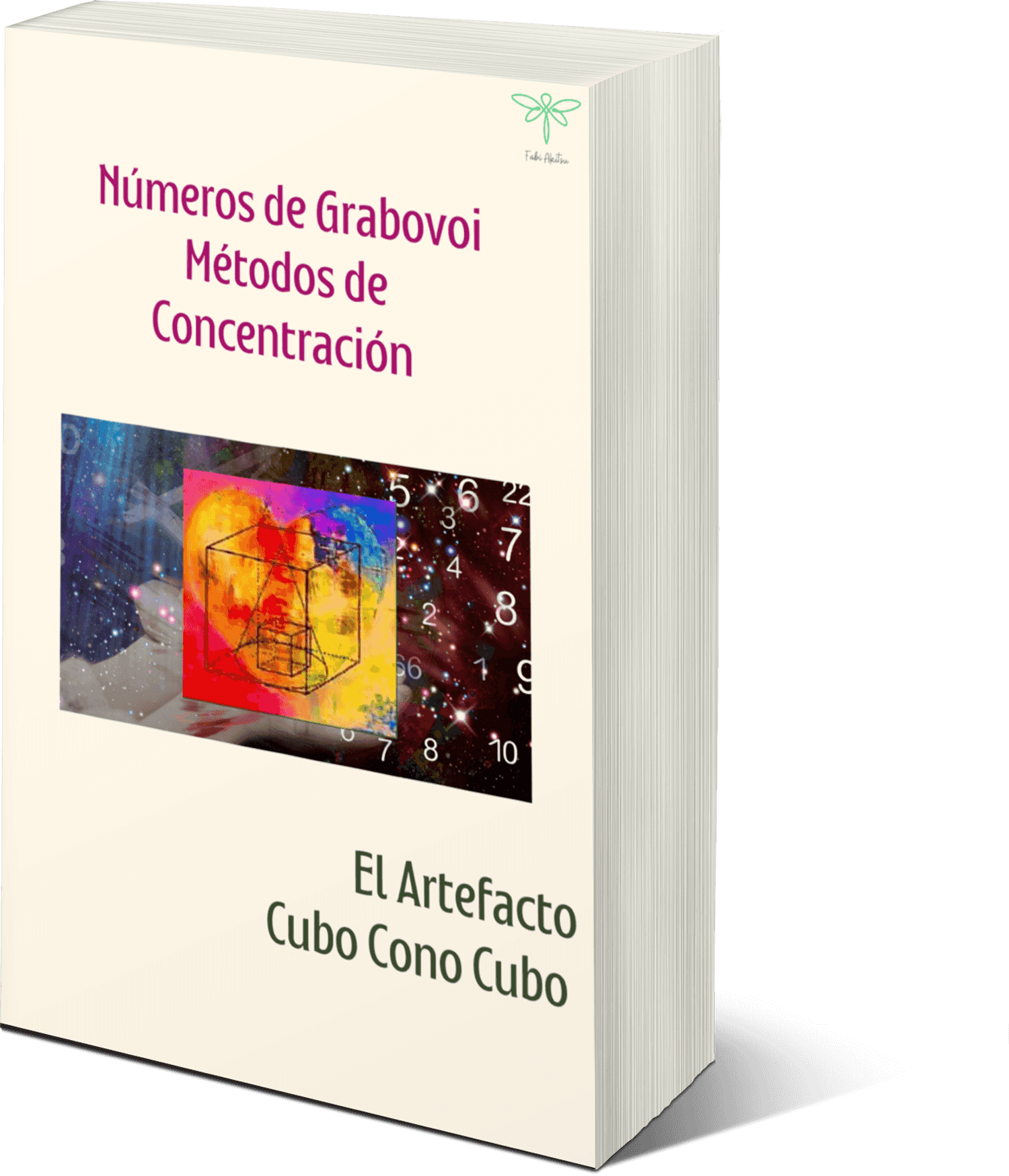 Vista lateral del ebook Grabovoi Artefacto Cubo Cono Cubo Método de Concentración con diseño colorido y números energéticos. Categoría E-Books espirituales.