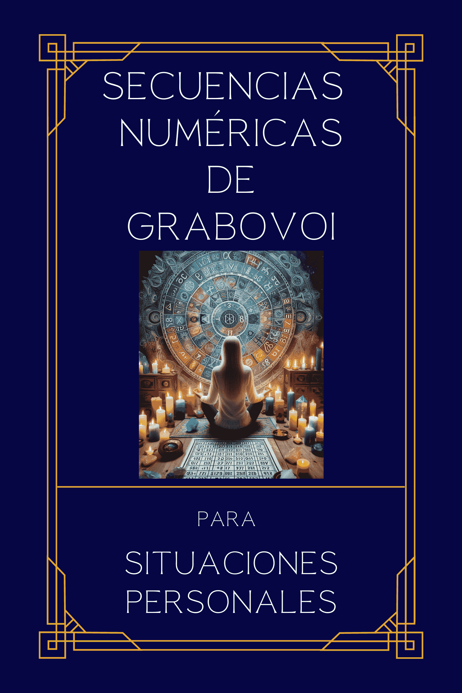 Portada del ebook 'Secuencias Numéricas Grabovoi para Situaciones Personales' con mujer meditando frente a mandala y velas encendidas. Ideal para terapias holísticas y numerología online.
