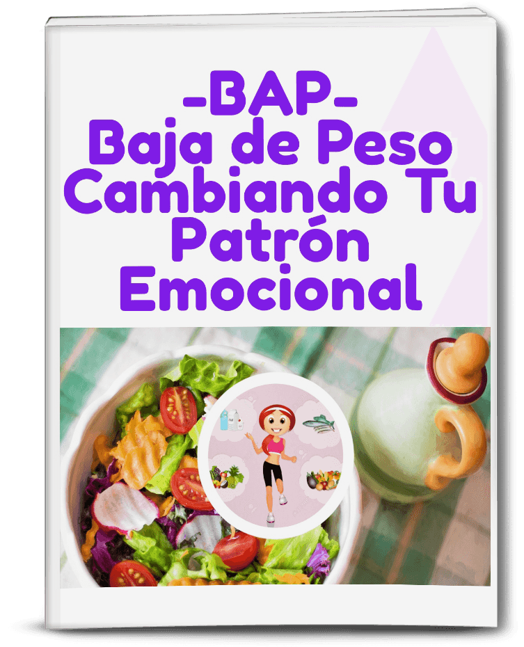 Portada del curso online BAP BAJA DE PESO SIN DIETAS! sanando Conflictos Emocionales con ilustración de ensalada saludable y figura femenina fitness. Ideal para quienes buscan perder peso emocional sin dietas mediante terapias alternativas.