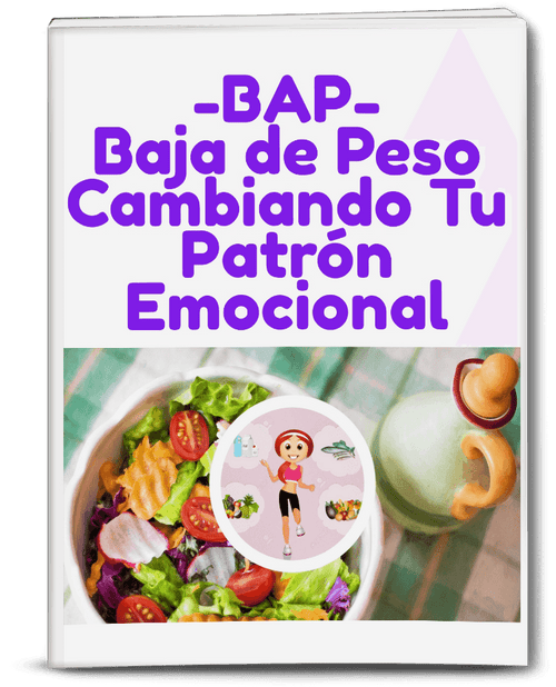 Portada del curso online BAP BAJA DE PESO SIN DIETAS! sanando Conflictos Emocionales con ilustración de ensalada saludable y figura femenina fitness. Ideal para quienes buscan perder peso emocional sin dietas mediante terapias alternativas.