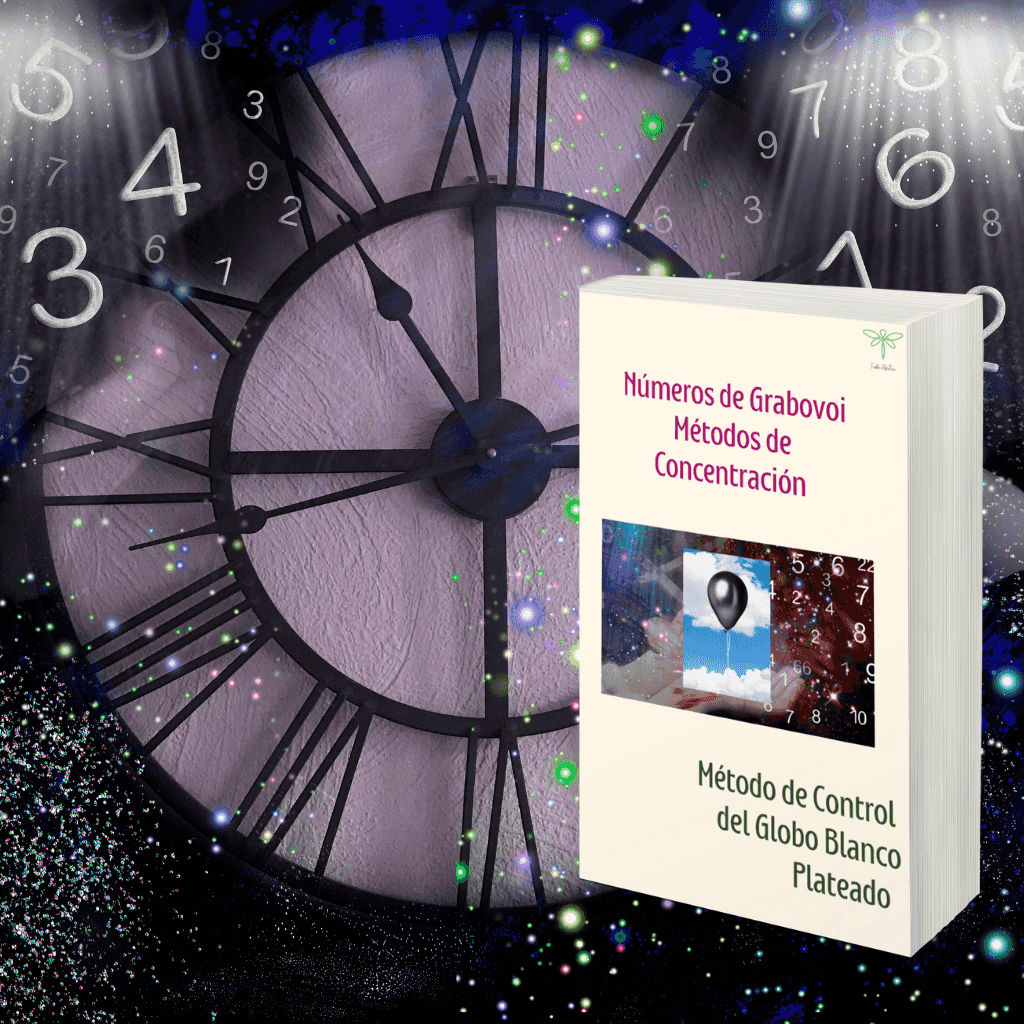 Ebook Grabovoi Control Globo Blanco Plateado Método Concentración con portada mística, números y reloj, ideal para terapias alternativas y numerología.