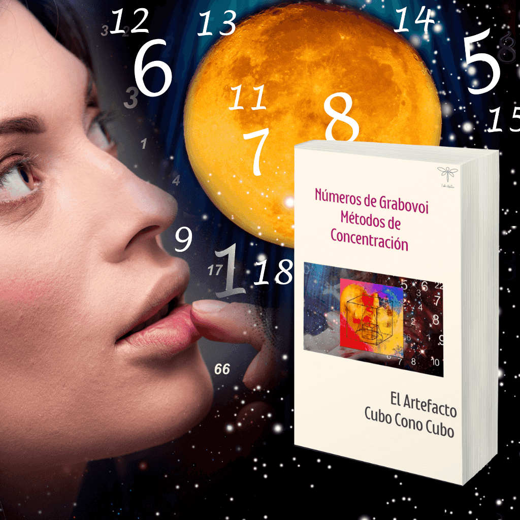 Portada del ebook Grabovoi Artefacto Cubo Cono Cubo Método de Concentración con fondo cósmico, números y luna llena. Ideal para terapias holísticas.