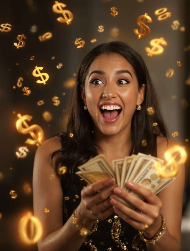 Mujer sonriente sostiene billetes mientras símbolos de dólar dorados flotan a su alrededor, representando el ebook '23 Secuencias Numéricas Prohibidas para Dinero Rápido'.