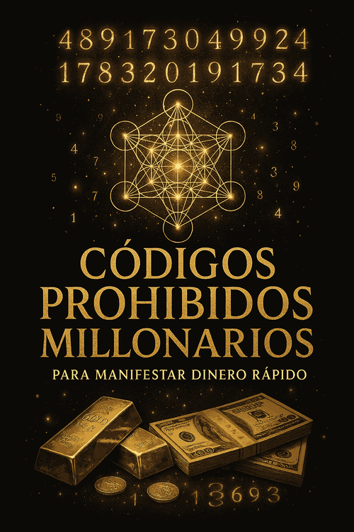 Portada del ebook '23 Secuencias Numéricas Prohibidas para Dinero Rápido' con códigos dorados, lingotes de oro y billetes, ideal para desarrollo personal y terapias alternativas.